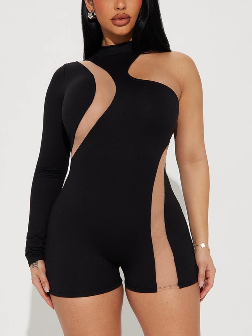 NWOT Fashion Nova Black One-Shoulder Cutout Romper with Beige Mesh